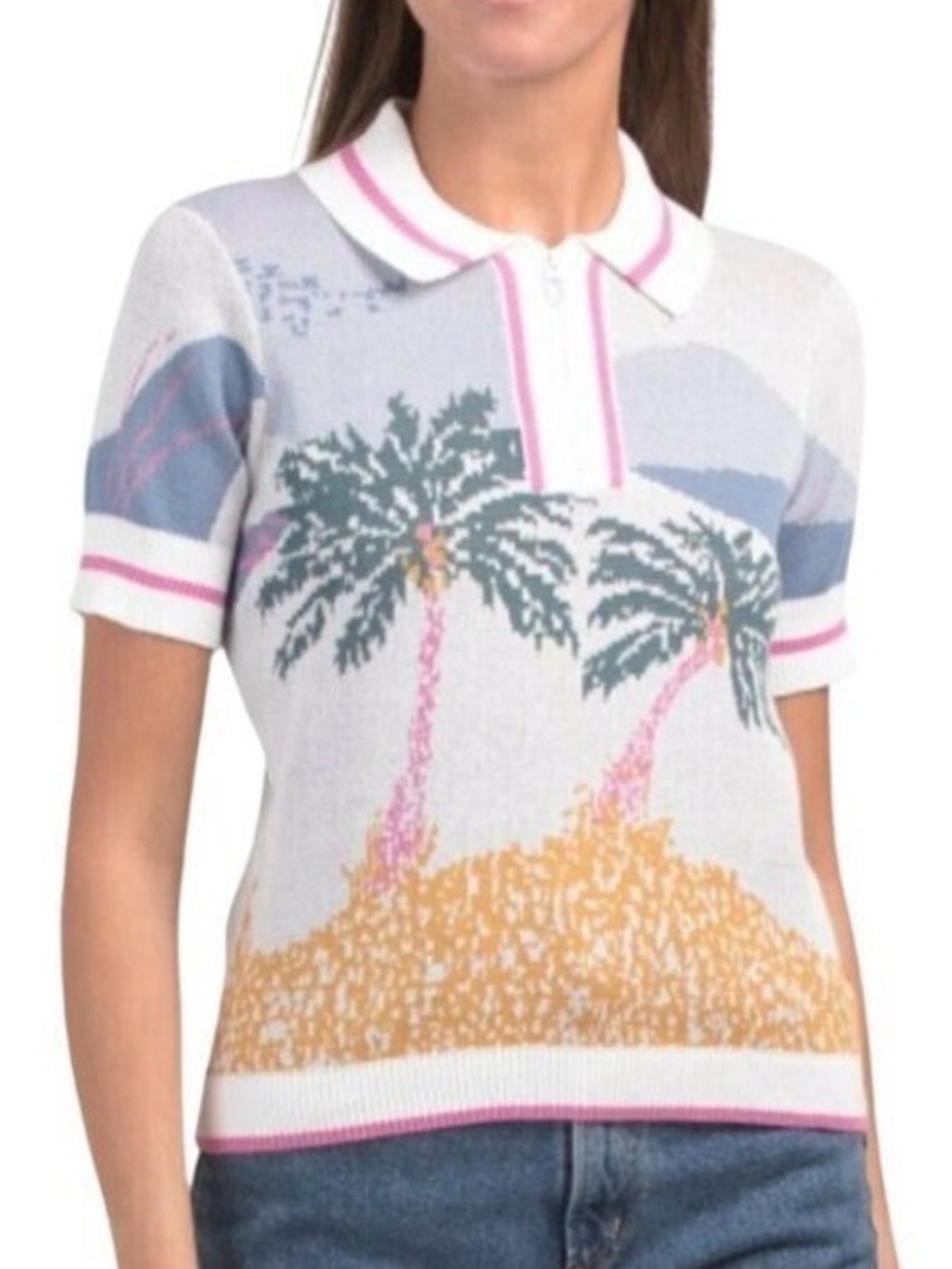 Cynthia Rowley Polo Tropical Palm Print Knit Quater Zip NEW